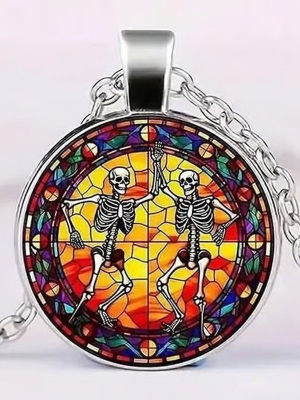 Silver DANCING SKELETON Glass Cabochon Pendant Necklace